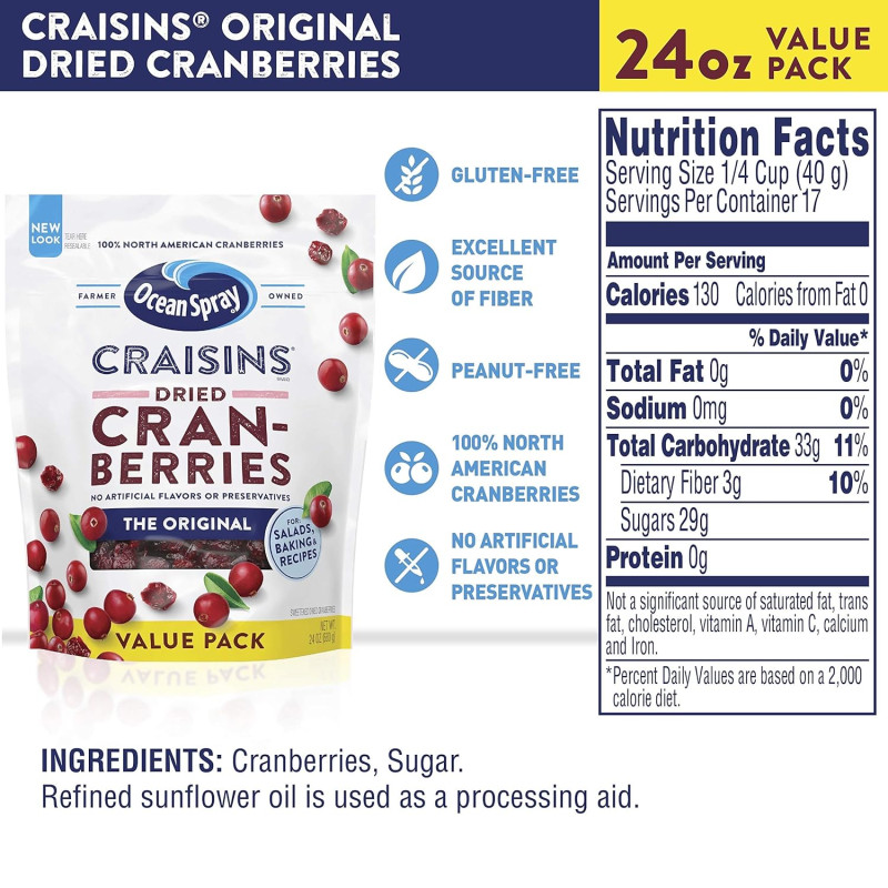 Nam Việt Quất sấy khô Ocean Spray Craisins, vị nguyên bản, 680g 1